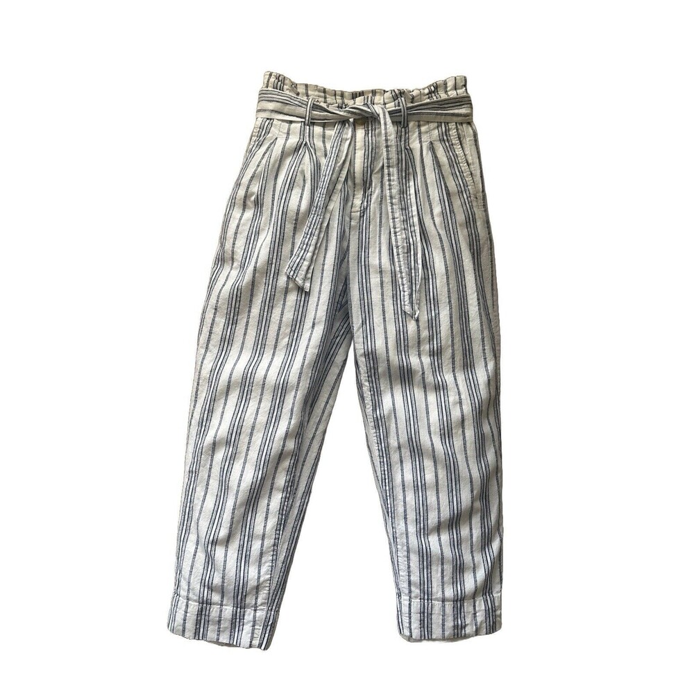 Madewell Women's 4 Linen-Cotton Paperbag Pants Dark Baltic Stripe
